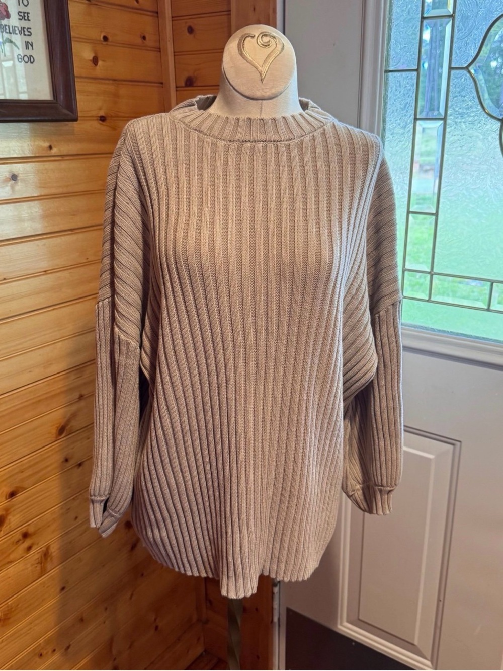 Mazik Oversized Ribbed Knit Sweater Medium Beige Balloon Sleeve